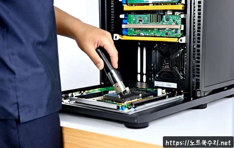 교동 오버클럭 뚜따 - Photorealistic high-end desktop workstation in a compact Gyodong computer repair studio, technician ...