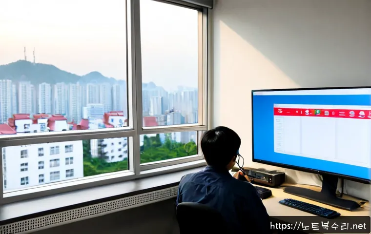 성현동 INVALID_KERNEL_HANDLE - Photorealistic IT support workstation in a compact Seonghyeon-dong apartment office, dual monitors s...