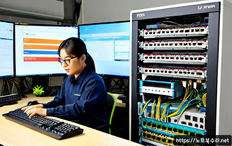 부천시 ftp서버출장방문수리점 - Photorealistic IT technician repairing a compact rack-mounted FTP server in a Bucheon Wonmi-gu desig...