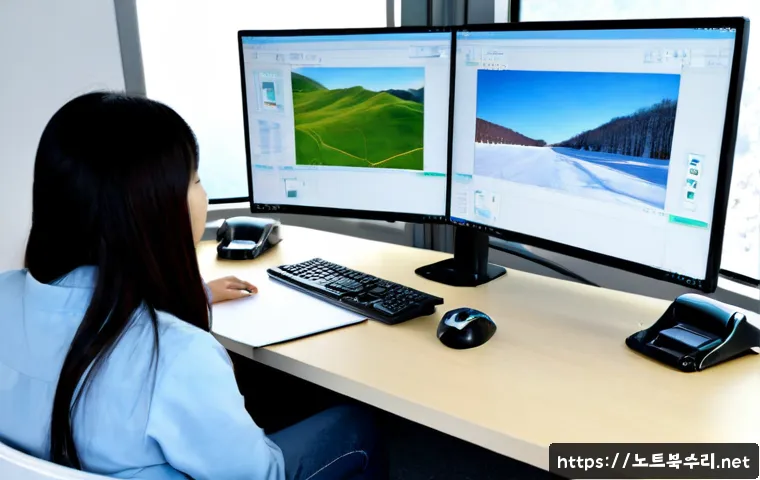과천동 CLOCK_WATCHDOG_TIMEOUT - Photorealistic IT support workstation in a quiet Gwacheon-dong office, dual monitors frozen on a cle...
