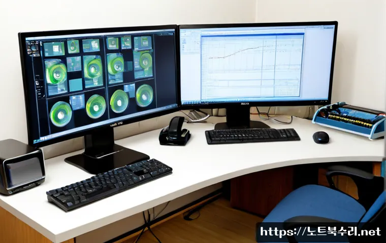 효성동 STATUS_KERNEL_THREAD_INTERRUPTED - Photorealistic IT support workstation in a compact Hyoseong-dong apartment office, dual monitors sho...