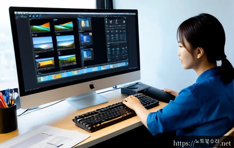 충무로 PFN_LIST_CORRUPT - Photorealistic IT support workstation in a compact Chungmuro print-design studio, desktop monitor sh...