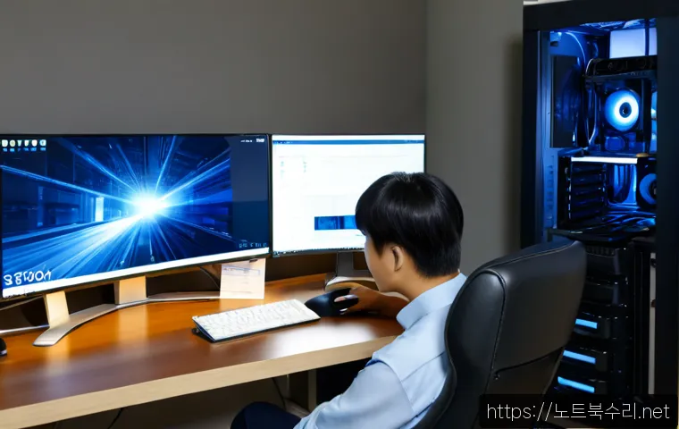 파장동 STATUS_KERNEL_INIT_FAILURE - Photorealistic IT support workstation in a compact Korean office near Pajeong-dong, dual monitors sh...