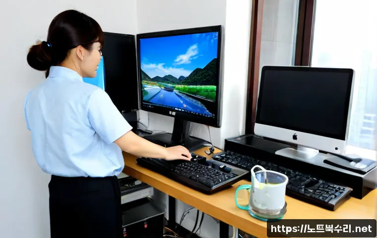 금촌동 윈도우7 windows7 재설치 포맷  초기화 - Photorealistic remote-support workstation in a modest Geumchon-dong apartment office, an older deskt...