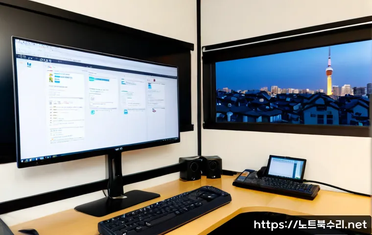 서둔동 linux재설치 포맷  초기화 - Photorealistic remote IT support workstation in a compact Korean neighborhood office, dual monitors ...