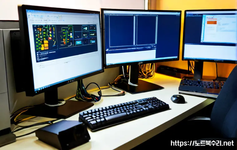 당산동 SYSTEM_LICENSE_VIOLATION - Photorealistic IT support workstation in a compact Dangsan-dong office, dual monitors showing a gene...