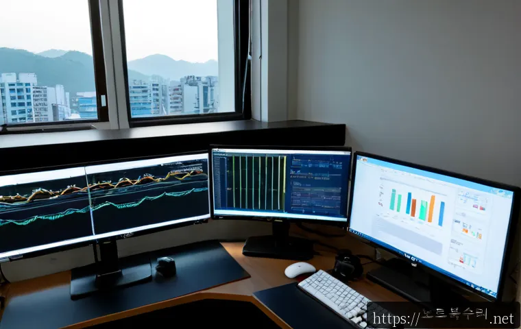 청계동 STATUS_KERNEL_MEMORY_LEAK - Photorealistic IT support workstation in a compact Cheonggye-dong office, dual monitors showing abst...