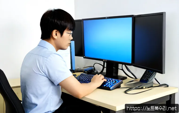 오성면 UNEXPECTED_KERNEL_MODE_TRAP - Photorealistic IT support workstation in a compact office near rural Oseong-myeon, engineer studying...