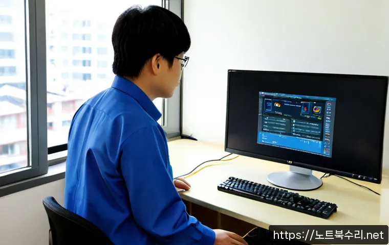 금산동 STATUS_KERNEL_MODULE_NOT_FOUND - Photorealistic IT support workstation in a quiet Geumsan-dong apartment office, dual monitors showin...