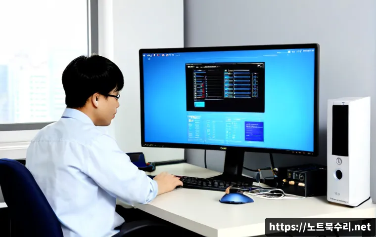 다율동 MACHINE_CHECK_EXCEPTION - Photorealistic IT support workstation in a quiet modern district office, desktop monitor displaying ...