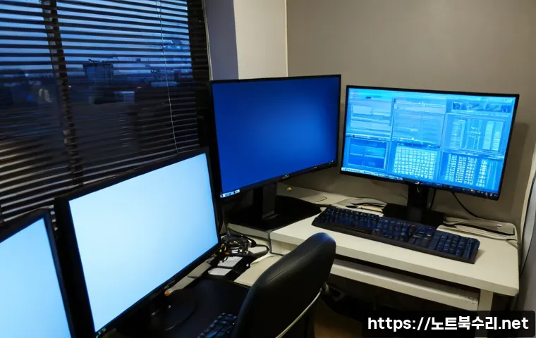 송학동 STATUS_KERNEL_MODE_EXCEPTION - Photorealistic remote IT support workstation in a compact Songhak-dong neighborhood office, dual mon...