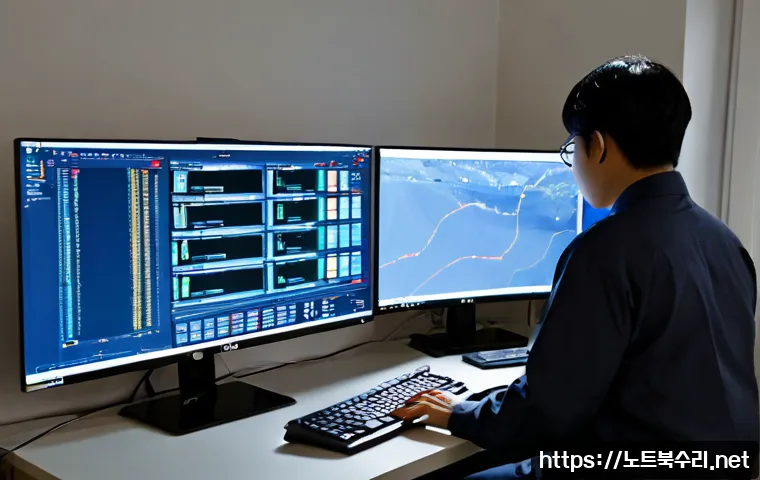 해안동 STATUS_KERNEL_REGISTRY_ERROR - Photorealistic IT support workstation in a coastal Korean apartment, dual monitors showing abstract ...