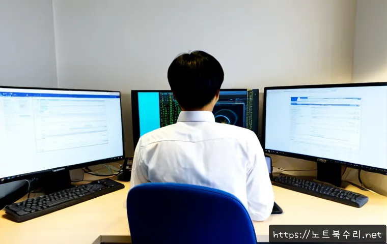 청암동 악성코드 바이러스 - Photorealistic IT support workstation in a compact Cheongam-dong office, dual monitors showing abstr...