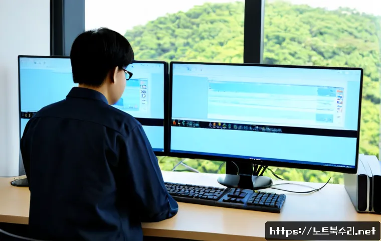 양재동 STATUS_KERNEL_THREAD_FAILURE - Photorealistic IT support workstation in a modern Yangjae-dong office, dual monitors showing a gener...