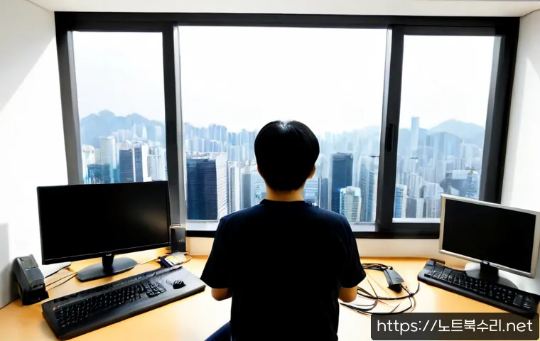 청량리동 케이블연결확인 - Photorealistic remote IT support workstation in a compact Cheongnyangni-dong office, technician care...