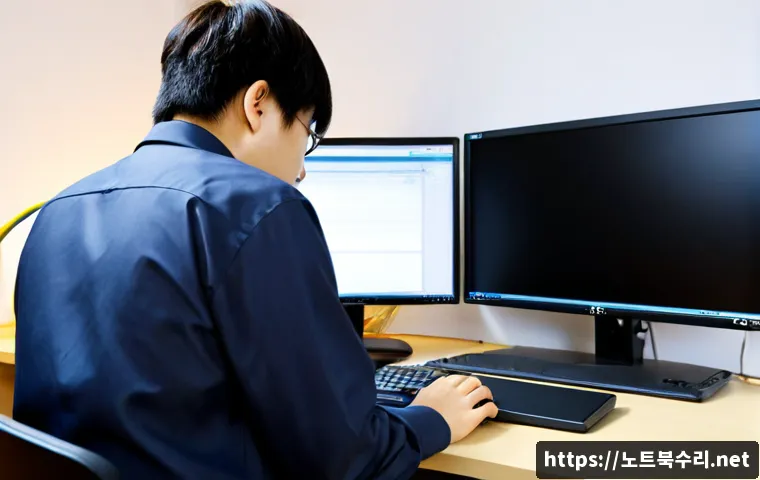 율정동 STATUS_MODULE_ACCESS_DENIED - Photorealistic IT support workstation in a compact Korean office, frustrated technician viewing a bl...