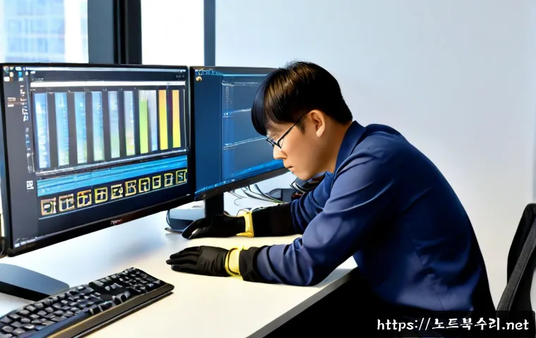 신풍동 NMI_HARDWARE_FAILURE - Photorealistic IT support workstation in a compact Sinpung-dong office, desktop tower opened beside ...