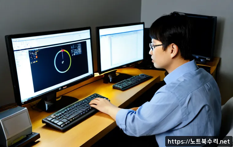 가업동 절전모드 - Photorealistic electronics design workstation in a quiet Ga-eop-dong office, dual monitors showing a...