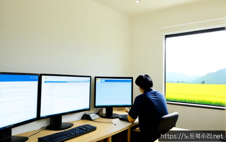 금사면 STATUS_PAGEFILE_MISSING - Photorealistic remote-support workstation in a quiet rural Korean office, dual monitors showing a ge...