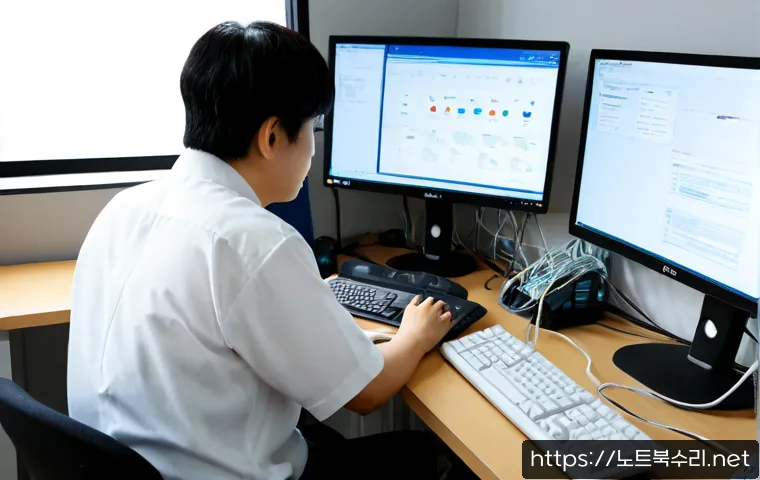 동양동 STATUS_INVALID_THREAD - Photorealistic IT support workstation in a quiet eastern Seoul residential-office district, dual mon...