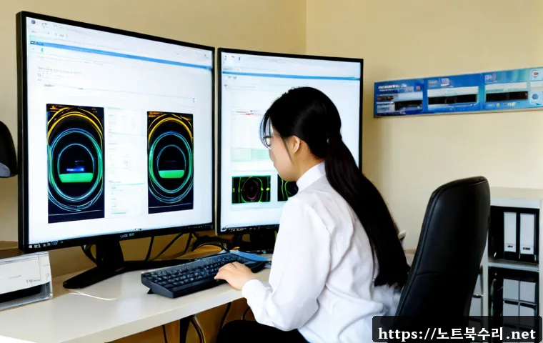 북내면 SESSION5_INITIALIZATION_FAILED - Photorealistic IT support workstation in a quiet rural Korean office, dual monitors showing abstract...