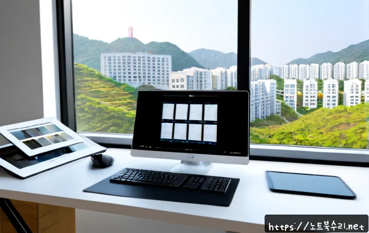 인창동 STATUS_IMAGE_NOT_FOUND - Photorealistic architectural CAD workstation in a bright Korean apartment office, dual widescreen mo...