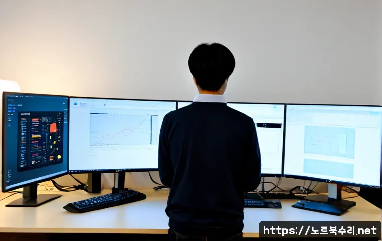 신길동 STATUS_MODULE_ACCESS_DENIED - Photorealistic IT support workstation in a compact Singil-dong office, dual monitors showing a clean...
