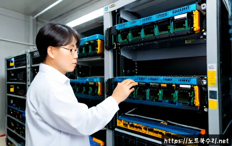 오정동 ftp서버출장방문수리점 - Photorealistic on-site FTP server repair in a compact Ojeong-dong industrial workshop, technician in...