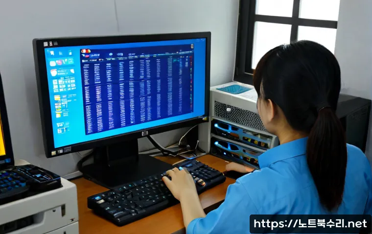 노량진 BAD_SYSTEM_CONFIG_INFO - Photorealistic IT support workstation in a compact Noryangjin office near a seafood market district,...
