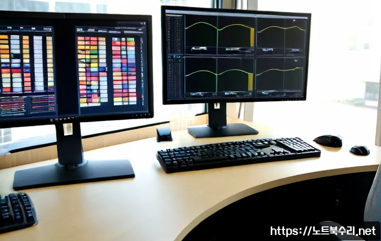산북동 STATUS_INSUFFICIENT_RESOURCES - Photorealistic IT support workstation in a compact Korean suburban office, dual monitors showing abs...