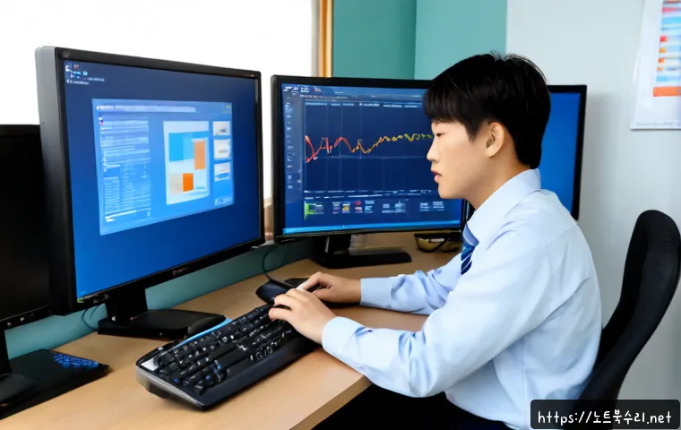 가남읍 WIN32K_POWER_WATCHDOG_TIMEOUT - Photorealistic remote-support workstation in a quiet rural township office, dual monitors showing a ...