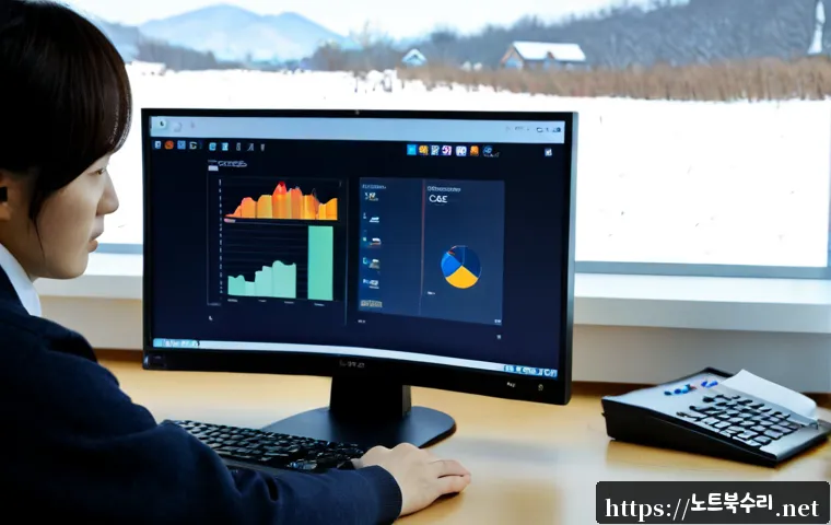 조리읍 SESSION_HAS_NO_PAGEFILE - Photorealistic remote-support workstation in a quiet semi-rural Korean township office, dual monitor...