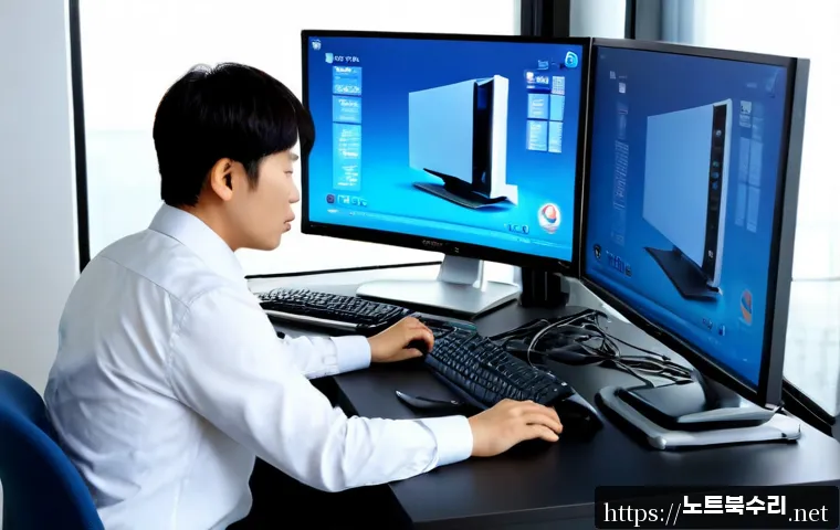 서구 DRIVER_POWER_STATE_FAILURE - Photorealistic IT support workstation in Seo District, dual-monitor desktop frozen on a plain blue e...