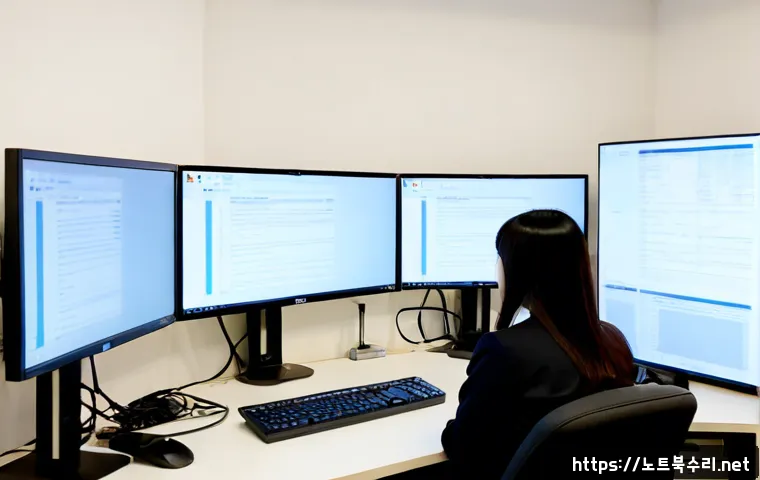 석우동 STATUS_INVALID_PAGE - Photorealistic IT support workstation in a modern Gyeonggi business district office, dual monitors s...