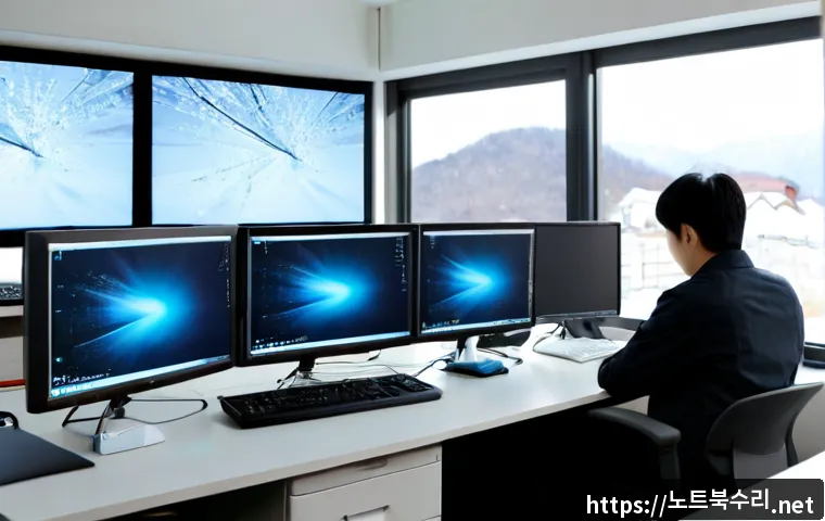 조리읍 SOFTWARE_EXCEPTION - Photorealistic software engineer workstation in a quiet Korean township office, dual monitors showin...