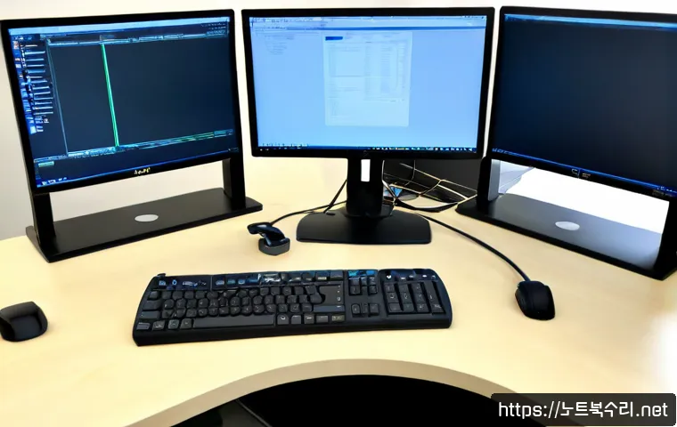 왕곡동 SESSION5_INITIALIZATION_FAILED - Photorealistic IT support workstation in a compact Wangok-dong office, dual monitors showing a clean...