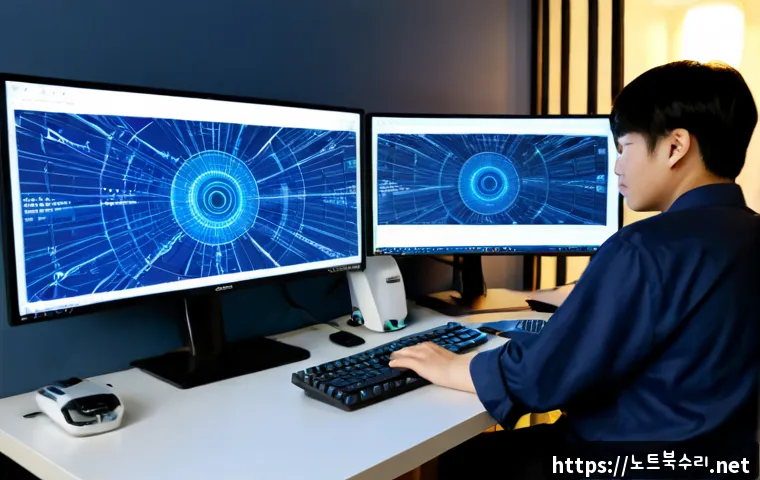 남방동 STATUS_SECURITY_POLICY_VIOLATION - Photorealistic secure IT workstation in a compact Korean apartment-office, dual monitors displaying ...