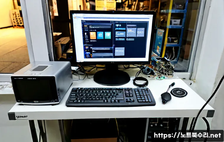 숭인동 맥미니 판매 및 수리 - Photorealistic compact computer repair bench in Sungin-dong, Seoul, a small silver desktop computer ...
