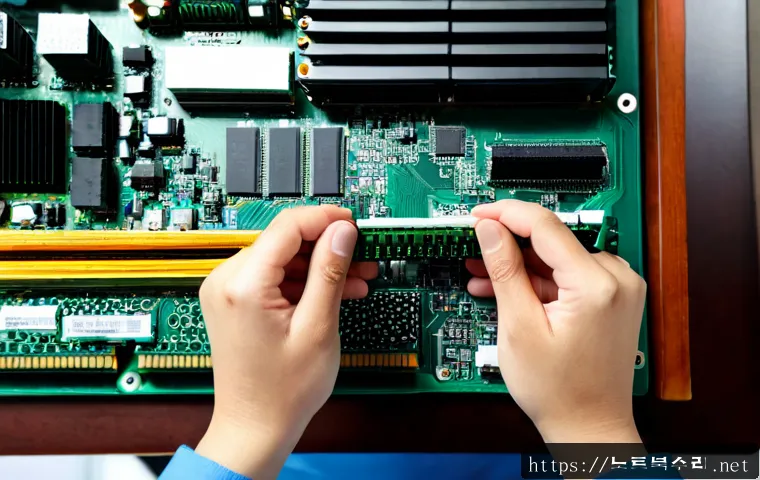 옥천면 메모리조립 및 교체수리 - Photorealistic close-up of a computer technician installing two new RAM modules into a clean desktop...