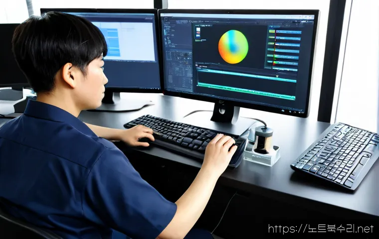 화동 STATUS_DISK_CORRUPTION - Photorealistic IT support workstation in a quiet Hwadong office, dual monitors showing a clean abstr...