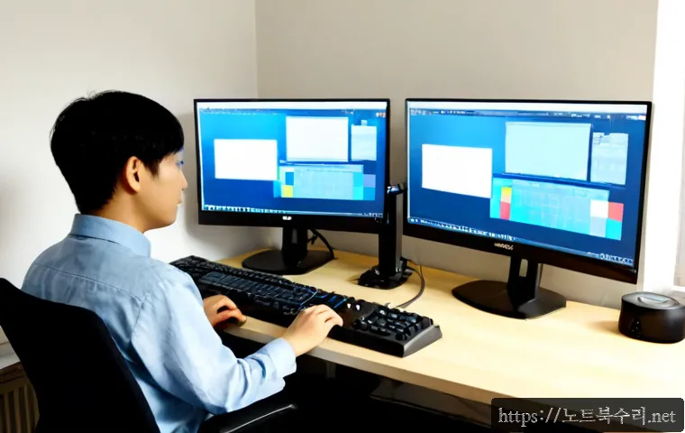 궁동 STATUS_IMAGE_CORRUPTION - Photorealistic remote-support workstation in a compact apartment near a university district, dual mo...