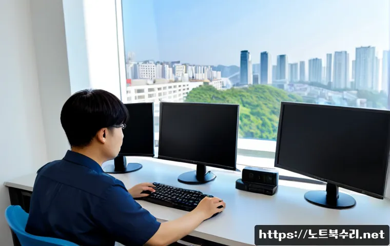 장수동 CRITICAL_OBJECT_TERMINATION - Photorealistic IT support workstation in a compact Korean office, dual monitors showing abstract sys...