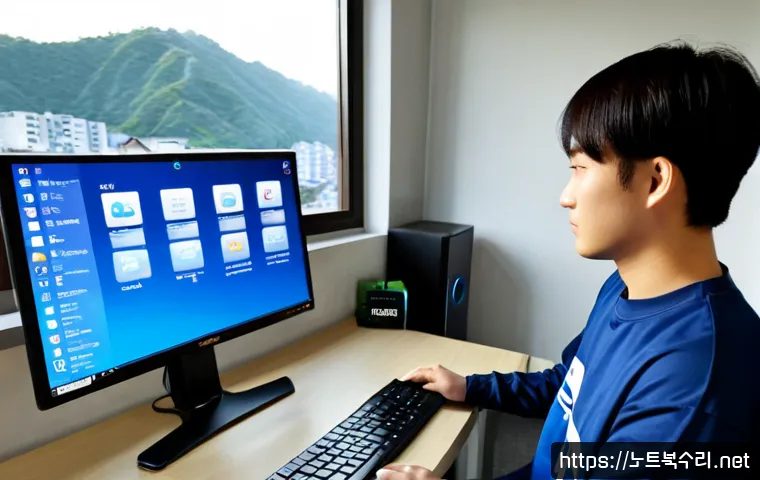 만리동 윈도우8 windows8 재설치 포맷  초기화 - Photorealistic remote-support workstation in a compact Mangnidong apartment office, technician reins...