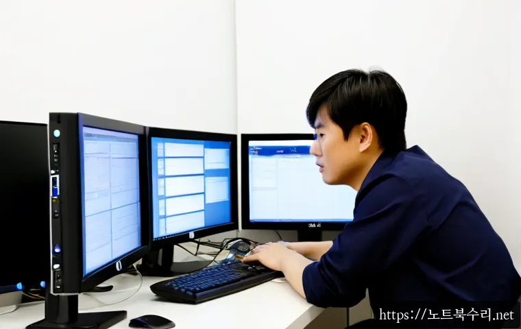 연건동 나스 nas 설정및수리 - Photorealistic workstation in a compact Yeongeon-dong office, technician configuring a sleek multi-b...