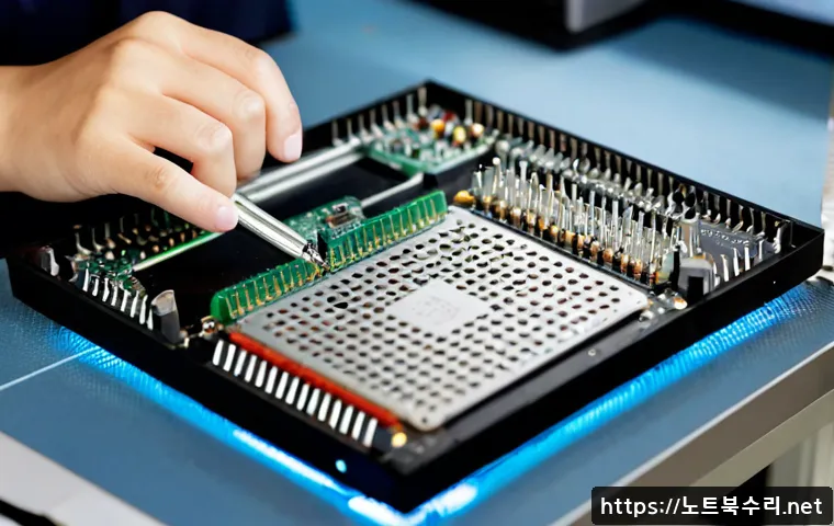 신소현동 맥미니 판매 및 수리 - Photorealistic compact computer repair studio in a quiet Korean neighborhood, technician carefully s...