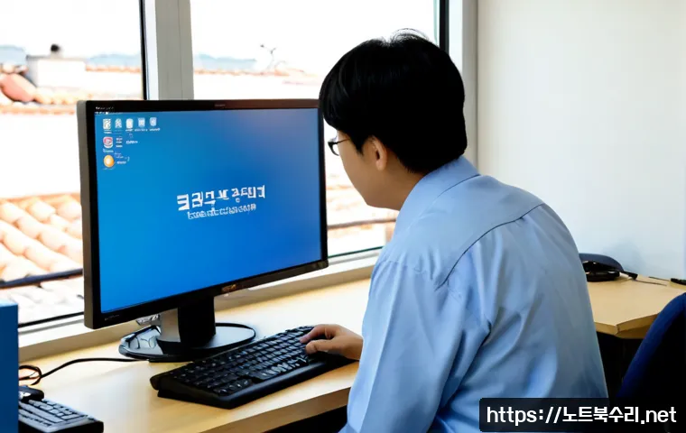 보문동 WATCHDOG_VIOLATION - Photorealistic IT support workstation in a compact Korean apartment office, dual monitors showing a ...