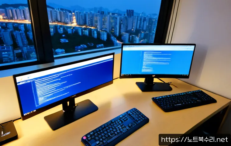 염리동 STATUS_KERNEL_DATA_CORRUPTION - Photorealistic remote IT support workstation in a compact Yeomni-dong apartment office, dual monitor...