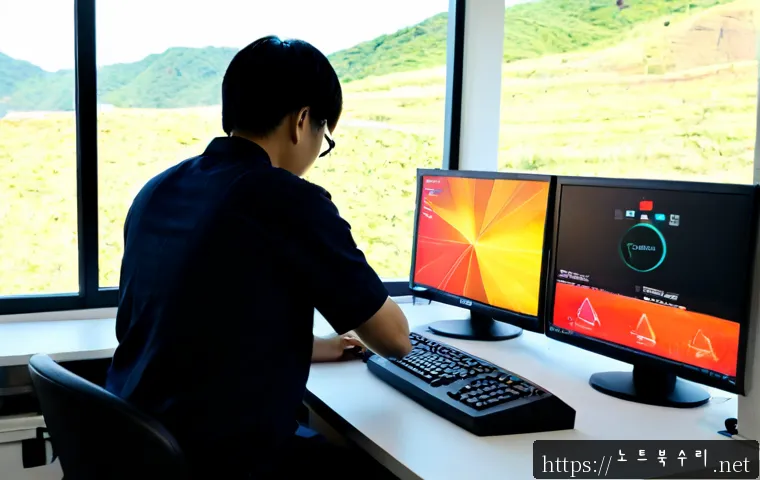 의왕시 STATUS_KERNEL_MEMORY_LEAK - Photorealistic remote-support workstation in Uiwang, South Korea, dual monitors showing a non-brande...