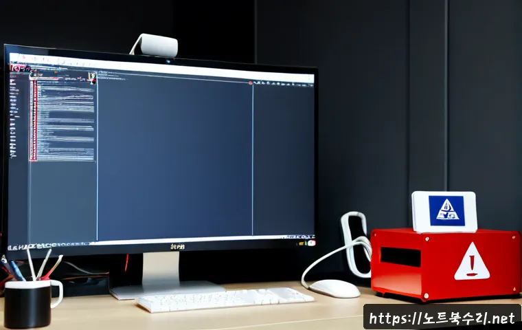 이태원 IO_DEVICE_ERROR - Photorealistic creative workstation in Itaewon, Seoul, with a desktop monitor showing a clean blank ...