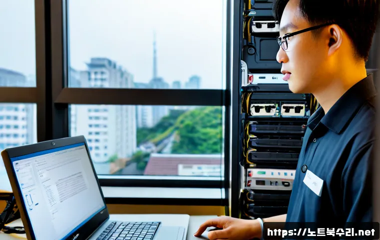 중림동 server출장방문수리점 - Photorealistic IT technician performing onsite server maintenance in a compact Jungnim-dong office, ...